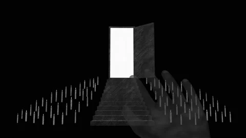 Door Opens to Heaven with hand 3d render Stock Footage 196986524