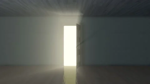 The door opens into a new world and a bright warm light fills the dark room. Stock Footage 157640205