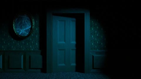 A door opens slowly in the dark creepy corridor 3d 4K animation Stock Footage
