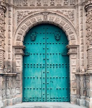 Door or entrance to the ancient cathedral of Cajamarca Peru. Stock Photos