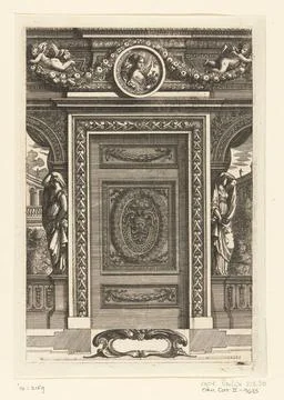 Door with panel with mascaron; Scartaffii Overo Ornamenti. On both sides o... Stock Photos