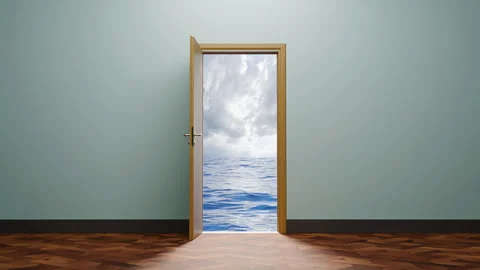 The door of the room opens towards the calm, peaceful and relaxing ocean. Stock Footage 314012397