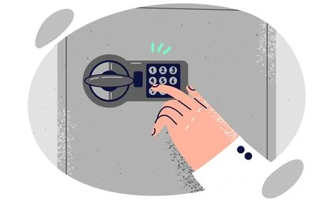 Door of safe with electronic digital panel for entering code and hand person who Stock-Illustration