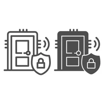 Door with secure lock on emblem line and solid icon, smart home symbol, house Stock Illustration