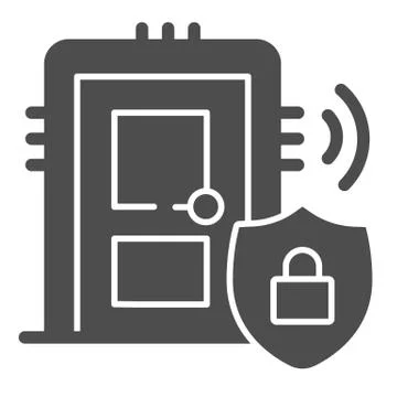Door with secure lock on emblem solid icon, smart home symbol, house safe Stock Illustration