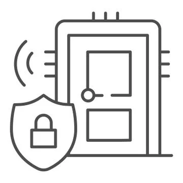 Door with secure lock on emblem thin line icon, smart home symbol, house safe Stockillustratie