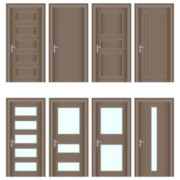 Door, a set of realistic brown doors. Entrance doors with glass. Illustration