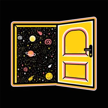Door to space. Vector abstract hand drawn cartoon illustration. Open door,dream Stock Illustration