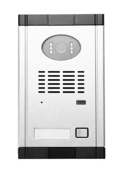 Door station of modern intercom isolated on white Foto stock