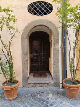A door with stone jambs and a solid wood door Stock Photos