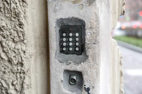 Doorbell button panel and intercom. Stock Photos