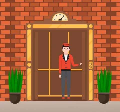 Doorman standing inside cabin of mechanical retro lift. Elevator with doors and Stock Illustration