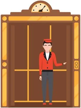 Doorman standing inside cabin of mechanical retro lift. Elevator with doors and Stock Illustration