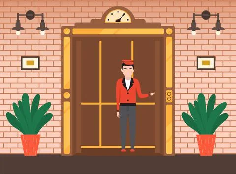 Doorman standing inside cabin of mechanical retro lift. Elevator with doors and Stock Illustration