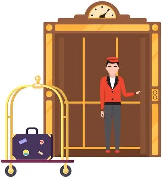 Doorman standing inside cabin of mechanical retro lift. Elevator with doors and Stock Illustration
