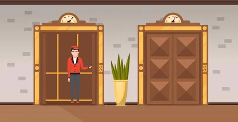 Doorman standing inside cabin of mechanical retro lift. Elevator with doors and Stock Illustration