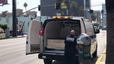Doors close on Coroner Van with murder victim in Hollywood, Los Angeles CA Video stock 109241402