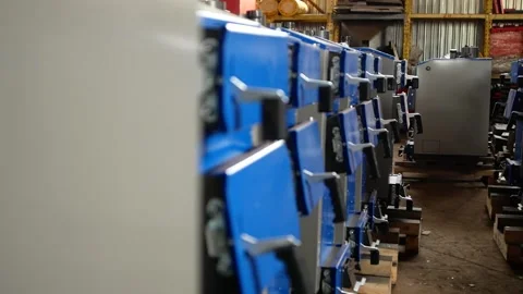  Doors of a large number of solid fuel boilers. Stock-Footage 137948489
