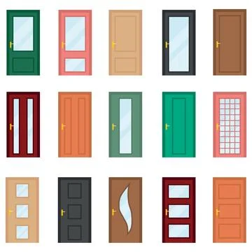 Doors, open doors, set of open entrance doors. Vector image, web banner Stock Illustration