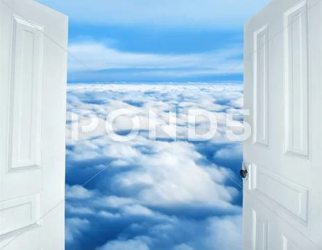 Doors opening to a heavenly sight of fluffy clouds Stock Photos