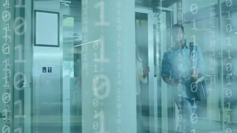 Doors opening, man stepping and checking phone, woman pulling case, code Stock Footage 334321982