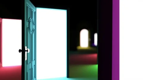 Doors of opportunity: In a shadowed expanse, various doors brighten. The ca.. Stock Footage 252887682