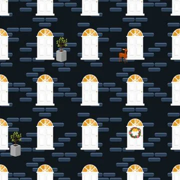 Doors seamless vector pattern and blue brick wall building. Stock Illustration