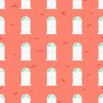 Doors seamless vector pattern and blue brick wall building. イラスト素材