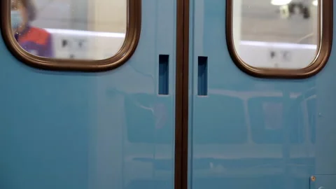 Doors of a subway car in a moving train. Stock Footage 155183812