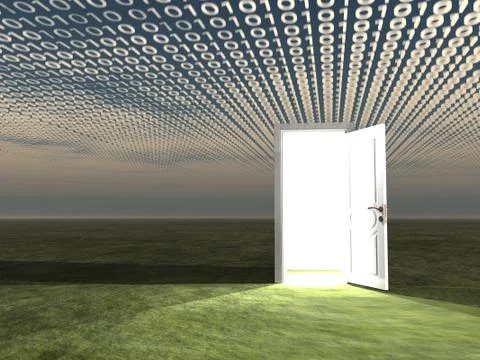 Doorway in landscape with binary streaming Stock Illustration