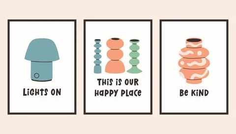 Dopamine decor interior poster set. Trendy wall arts with different objects in Stock Illustration