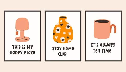 Dopamine decor interior poster set. Trendy wall arts with different objects in Stock Illustration