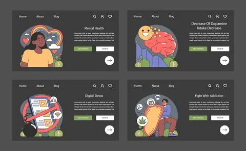 Dopamine fasting theme set. Flat vector illustration. Illustrazione stock