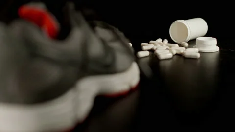 DOPE: White boxes with pills lie and sports sneakers Stock Footage 146369639