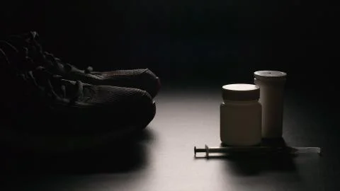 DOPING: Plastic containers, syringe and sport shoes Stock Photos