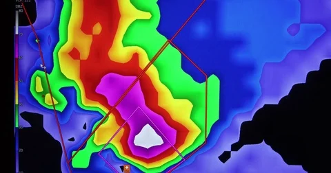 Doppler weather radar screen showing tornado warned thunderstorms Stock Footage 75434549
