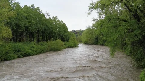 Dora River, in flood, flows through the city Stock Footage 311457901