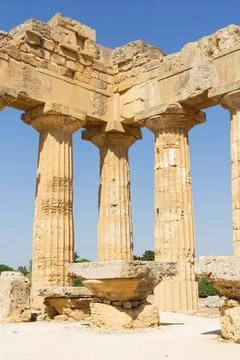 Doric order columns supporting ancient greek temple in Selinunte, Sicily Stock Photos
