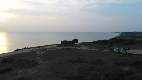Doric Point Beach Ancient Mansion Overtaking Aerial Video 4K Stock Footage 96786997
