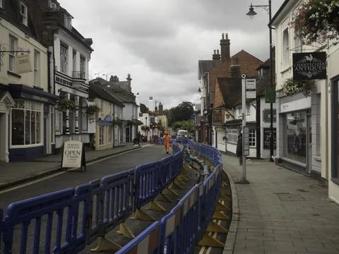 Dorking, UK - September 8th 2024 - Quaint English Street Under Construction Stock Photos
