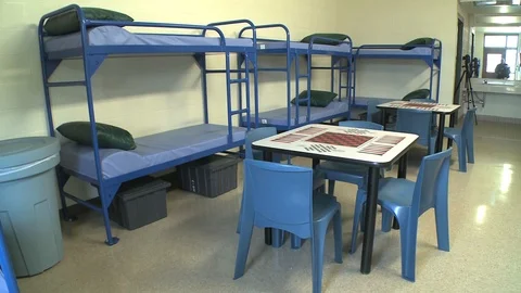 Dorm rooms with bunk beds in Karnes County Civil Detention Center - 2012 Stock Footage 88180948