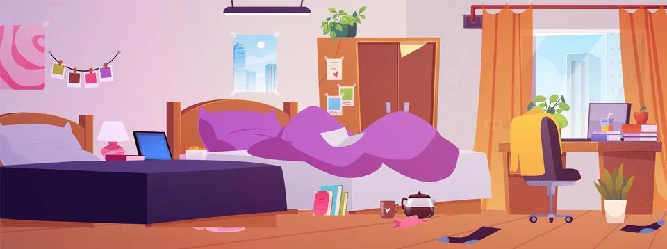 Dormitory or hostel interior bedroom in a mess, scattered things, furniture Stock-Illustration
