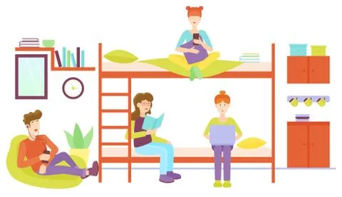 Dormitory room with man and three woman sharing bedroom. Friends studyng at home Stock-Illustration