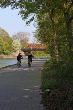 Dorsten, germany, 1 may lippe river sides with peoples activity background hi Stock Photos