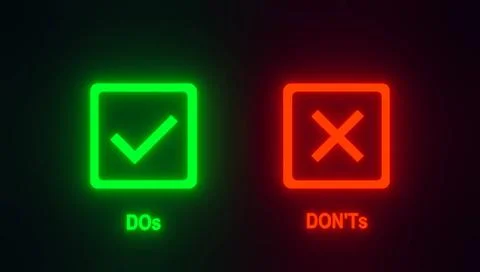 Dos and dont s. Dos and Don ts. Illuminated neon button in green and red. ... Stock Photos
