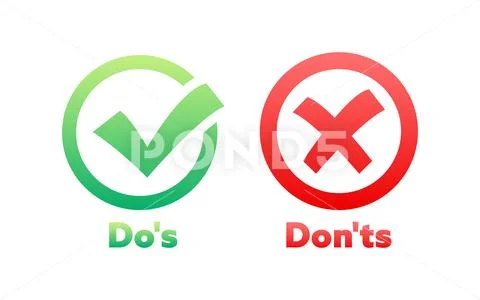 Dos and Donts label sticker. Green check mark yes and red cross no icon ...