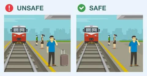 Dos and don'ts. Man calling the phone on platform while train is approaching. Stock Illustration