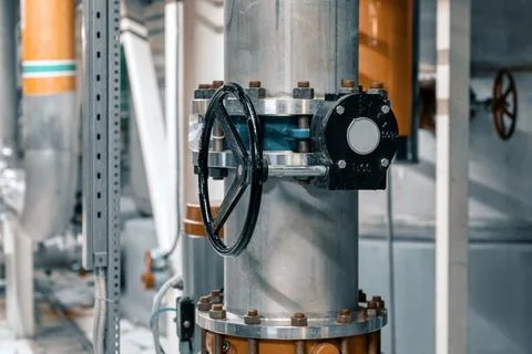 Dosing control valves and liquid meters on pipeline system Stock Photos