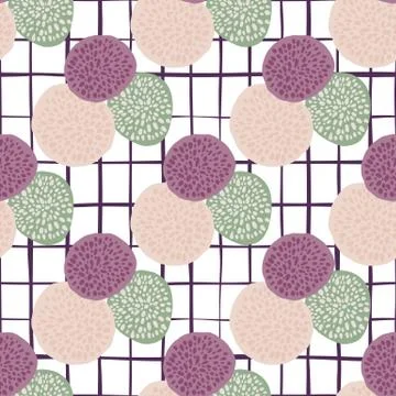 Dot circles bright doodle pattern with white chequered background. Purple, li Illustrazione stock