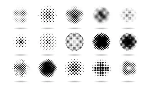 Dot circles. Half tone gradient pattern. Round abstract isolated elements with Stock Illustration